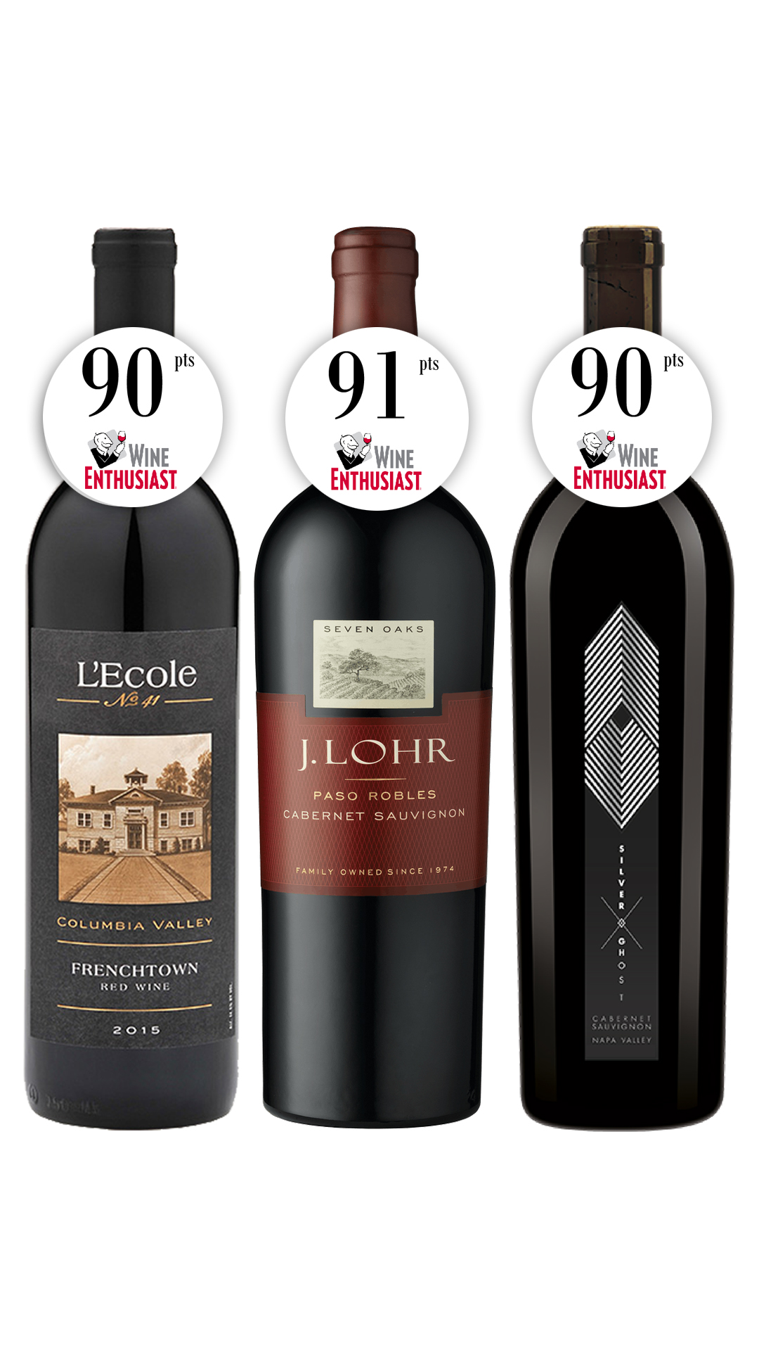 Trio Cabernet Sauvignon Lecole Frenchtown, Silver Ghost, J Lohr Seven Oaks